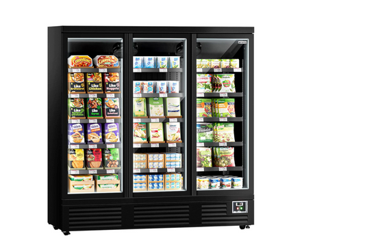Commercial multideck display fridge - 1890mm - 1539L - with 3 double‑glazed hinged glass doors & 5 shelves - Black